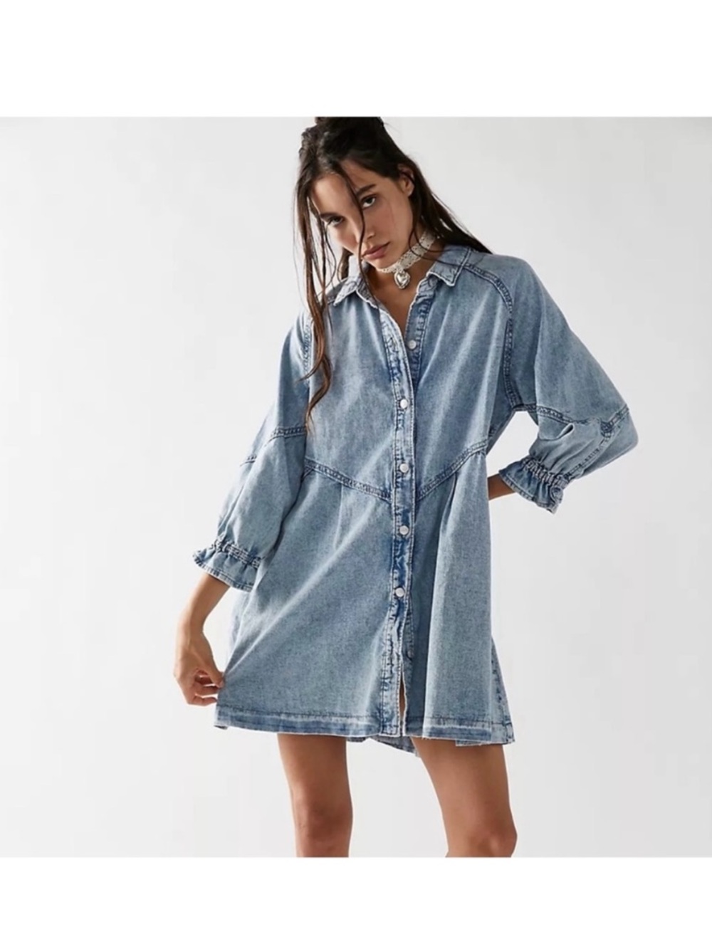Free People Hannah Blue Denim Shirt Dress